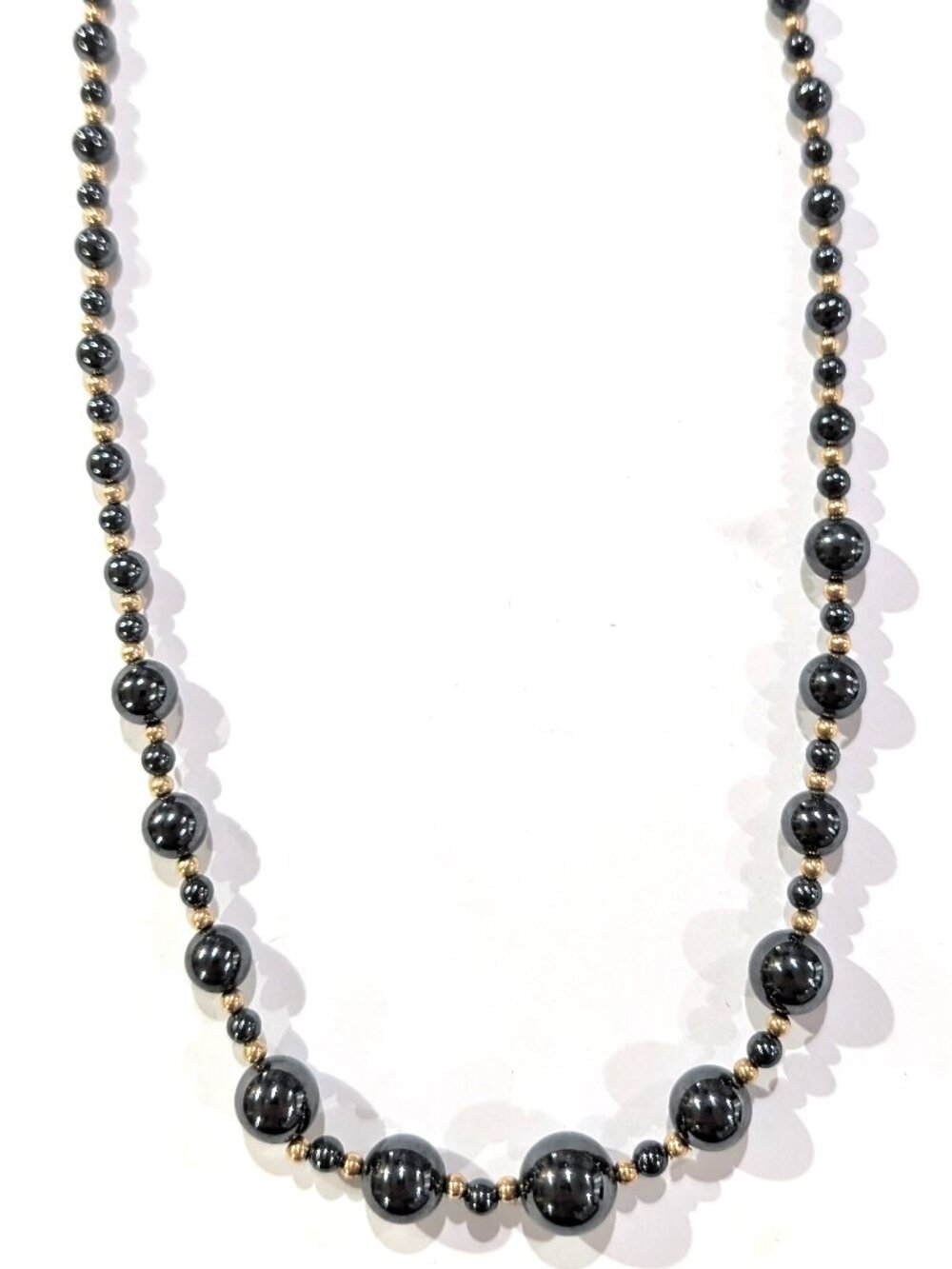 Hematite and 14K Gold Graduated Bead Necklace, 22"